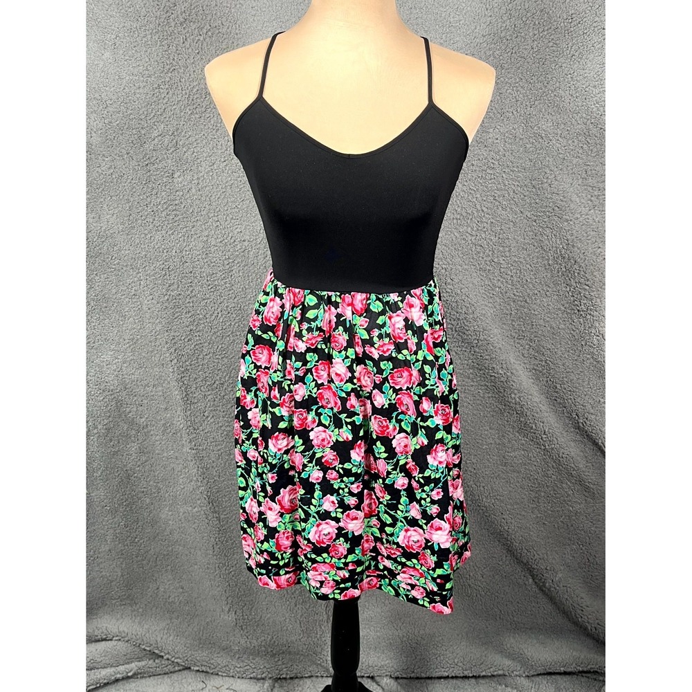 PINK Victoria's Secret Mini Fit & Flare Dress Womens S Black Floral Scoop Neck